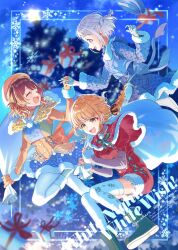 3girls beret blonde_hair blue_ribbon bluesky_username blush boots box braid brown_hair capelet closed_eyes commentary_request fujita_kotone fur-trimmed_capelet fur_trim gakuen_idolmaster gift gift_box gloves grey_hair hair_bun hair_ribbon hanami_ume hat highres holding holding_hands holding_sack idolmaster inset_border interlocked_fingers katsuragi_lilja long_sleeves multiple_girls official_alternate_costume open_mouth pantyhose pjkuasu ribbon ribbon_braid sack short_hair smile snowflakes thighhighs twin_braids twitter_username white_night!_white_wish!_(idolmaster) white_pantyhose white_thighhighs yellow_eyes