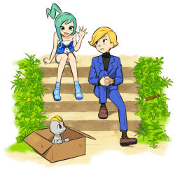 Rule 34 | 10s, 1boy, 1girl, bare arms, box, brown footwear, cardboard box, chaz (pokemon), gen 1 pokemon, in box, in container, lisia (pokemon), looking at another, machop, nintendo, npc trainer, pokemon, pokemon (creature), pokemon oras, rich boy (pokemon), sitting, smile, stairs, ucchii