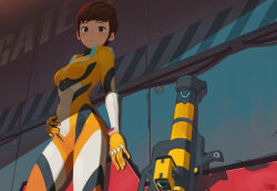 Rule 34 | 1girl, bodysuit, breasts, brown hair, dutch angle, from below, gun, hong soon-sang, indoors, leaning, looking at viewer, looking down, missile launcher, original, science fiction, shadow, short hair, solo, two-tone bodysuit, weapon, yellow bodysuit