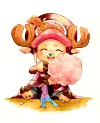 1boy ^_^ antlers blue_nose closed_eyes commentary cotton_candy flower food hat highres holding holding_cotton_candy holding_food horns male_focus one_piece pink_hat pink_petals reindeer_antlers simple_background sinoda_maru7326 sitting smile solo tony_tony_chopper white_background