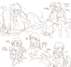 !? &gt;_&lt; &lt;o&gt;_&lt;o&gt; 2girls :/ ^^^ aai90722545007 afterimage all_fours alternate_species animal_ears ankle_boots arm_at_side arm_between_legs arm_support bag bang_dream! bang_dream!_it&#039;s_mygo!!!!! barefoot bed_sheet bite_mark bite_mark_on_hand bite_mark_on_neck blush boots breasts carrying check_copyright chibi chibi_inset chihaya_anon chinese_text circlet closed_mouth collared_shirt completely_nude copyright_request dragon dragon_ears dragon_girl dragon_horns dragon_tail ear_blush elf face-to-face facing_another fainted fang full-face_blush hair_between_eyes hand_up hands_on_another&#039;s_head hands_on_another&#039;s_leg hands_on_lap highres horn_grab horns injury invisible_chair jitome kemonomimi_mode leaning_on_person legs_together legs_up lineart long_hair long_sleeves looking_ahead looking_at_another looking_to_the_side monsterification motion_lines multiple_girls multiple_views nagasaki_soyo nude o3o open_mouth pants parted_bangs pointy_ears profile puff_of_air reclining robe scratches shirt shoulder_bag shoulder_carry side-by-side sidelocks simple_background sitting squiggle sweat tail tail_wagging three-quarter_sleeves translation_request trembling v-shaped_eyebrows walking white_background wide_sleeves x_x yuri