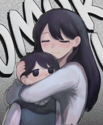 1boy 1girl antenna_hair arm_around_neck black_eyes black_hair black_sweater_vest blush brother_and_sister closed_eyes closed_mouth covered_mouth double-parted_bangs grey_background hair_behind_ear hair_between_eyes halftone halftone_background hand_on_another&#039;s_head hashtag-only_commentary highres long_hair long_sleeves looking_at_another mari_(faraway)_(omori) mari_(omori) omo_dog omori shirt short_hair siblings simple_background smile sunny_(omori) sweater_vest u_u upper_body very_short_hair white_shirt