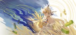 1girl absurdres arknights bare_shoulders blonde_hair closed_mouth collarbone colored_extremities commentary earrings floating_hair grey_eyes hair_between_eyes hair_intakes highres holding holding_plant jacket jewelry long_hair long_sleeves looking_down magic necklace off_shoulder plant pointy_ears profile purple_hair rain shu_(arknights) solo very_long_hair wheat white_hair white_jacket xuezixiansheng