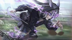 1girl absurdres animal_ear_hood animal_ears black_jacket black_skirt black_thighhighs chest_jewel clenched_teeth commentary english_commentary eye_trail fake_animal_ears highres hoarah_lux hololive hololive_english hood hood_up hooded_jacket horse_ears horse_girl horse_tail jacket jewel_under_eye koseki_bijou koseki_bijou_(casual) light_trail official_alternate_costume purple_eyes running single_thighhigh skirt solo sweat tail teeth thighhighs virtual_youtuber