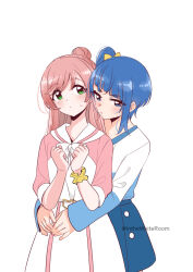 2girls :t blue_eyes blue_hair blue_shirt blue_skirt blush bow bowtie casual closed_mouth collared_dress cut_bangs dress frown green_eyes hair_bow hair_bun hirogaru_sky!_precure hug hug_from_behind long_hair long_sleeves looking_at_viewer medium_hair miniskirt multiple_girls nijigaoka_mashiro pink_dress pink_hair precure scrunchie shirt short_dress side_ponytail simple_background single_hair_bun single_sidelock skirt sora_harewataru sweatdrop t-shirt takeshisu twitter_username two-tone_dress two-tone_shirt white_background white_bow white_bowtie white_dress white_shirt wrist_scrunchie yellow_bow