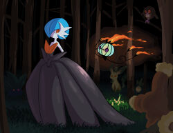Rule 34 | absurdres, alternate color, black dress, black gloves, buneary, chandelure, colored skin, dress, elbow gloves, forest, gardevoir, gen 1 pokemon, gen 2 pokemon, gen 3 pokemon, gen 4 pokemon, gen 5 pokemon, gloves, highres, hoothoot, leafeon, mega gardevoir, mega pokemon, nashimochi 4, nature, nintendo, oddish, orange eyes, petilil, pokemon, pokemon (creature), purple eyes, red eyes, shiny pokemon, white skin