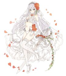 1girl alternate_costume armor bad_id bad_twitter_id bikini bow breasts bridal_veil bride choker closed_mouth dress elbow_gloves flower gloves grey_eyes grey_hair high_heels holding holding_sword holding_weapon lace leaf long_hair looking_at_viewer medium_breasts navel nontraditional_wedding_dress red_flower red_petals red_rose rose shiro_snow sinoalice smile snow_white_(sinoalice) solo swimsuit sword thighhighs veil weapon wedding_dress white_gloves white_thighhighs