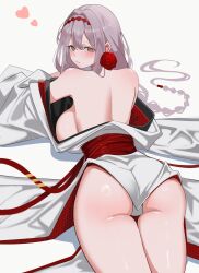 Rule 34 | 1girl, absurdres, ass, backboob, breasts, brown eyes, commentary, english commentary, flower, from behind, goddess of victory: nikke, grey hair, hair flower, hair ornament, hairband, heart, highres, japanese clothes, kimono, large breasts, long hair, official alternate costume, red hairband, red rope, rope, scarlet (black shadow) (longing flower) (nikke), scarlet (black shadow) (nikke), scarlet (nikke), simple background, solo, thighs, velmillix, very long hair, white background, white kimono