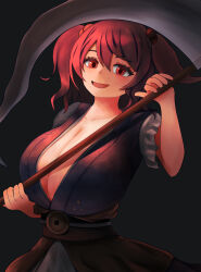 1girl :d blush breasts coin hair_bobbles hair_ornament highres holding holding_scythe huge_breasts japanese_clothes kimono kowa_uka looking_at_viewer obi onozuka_komachi open_mouth red_eyes sash scythe short_sleeves smile solo touhou two_side_up upper_body