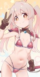 1girl absurdres ahoge armor armpits bikini_armor blush breasts brown_eyes brown_gloves brown_hair closed_mouth gloves gluteal_fold groin highres holding holding_weapon interlocked_mars_and_venus_symbols long_hair looking_at_viewer mars_symbol navel noshiro_tomoya onii-chan_wa_oshimai! oyama_mahiro pauldrons shoulder_armor small_breasts smile solo stomach twintails v venus_symbol weapon