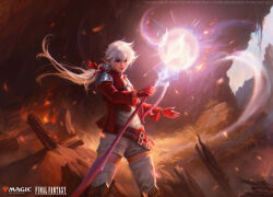 1girl alisaie_leveilleur commentary copyright_name crystal elezen elf embers english_commentary final_fantasy final_fantasy_xiv fire glowing holding holding_sword holding_weapon jacket justyna_dura looking_at_viewer magic:_the_gathering official_art pointy_ears red_jacket red_mage_(final_fantasy) solo standing sword thighhighs weapon white_hair
