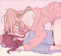 2girls amane_(7783) character_request closed_eyes commentary_request grey_shirt highres hood hoodie idolmaster idolmaster_cinderella_girls imminent_kiss long_hair long_sleeves multiple_girls neck_blush parted_lips pink_background pink_hair pink_hoodie red_hair shirt simple_background straddling sweat yuri
