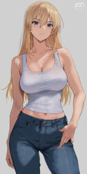 Rule 34 | 1girl, alternate costume, bismarck (kancolle), blonde hair, blue eyes, breasts, cleavage, closed mouth, commentary request, denim, grey background, hair between eyes, hand on own hip, haruto (harut n), jeans, kantai collection, large breasts, long hair, navel, pants, simple background, solo, tank top, twitter username, white tank top
