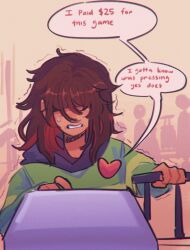 1other airport brown_hair clenched_teeth colored_inner_hair commentary deltarune english_commentary english_text gameplay_mechanics heart highres holding holding_suitcase indoors kris_(deltarune) long_hair multicolored_hair red_hair solo_focus speech_bubble standing suitcase sweat swyshie teeth trembling upper_body