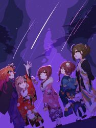 Rule 34 | 5girls, ahoge, alstroemeria (idolmaster), arm up, aya hawk, blue kimono, brown hair, closed eyes, closed mouth, floral print, floral print kimono, hair bun, highres, idolmaster, idolmaster cinderella girls, idolmaster shiny colors, in-franchise crossover, japanese clothes, kanzaki ranko, kimono, kuwayama chiyuki, long hair, long sleeves, multicolored hair, multiple girls, night, night sky, ninomiya asuka, obi, open mouth, orange hair, osaki amana, osaki tenka, outdoors, pink hair, pink kimono, pixel art, print kimono, red eyes, red hair, red kimono, sash, shooting star, single hair bun, sky, smile, standing, star (sky), two-tone hair, wide sleeves