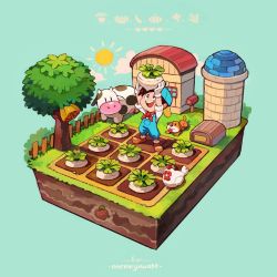 1boy animal arms_up backwards_hat baseball_cap beehive bird blue_background blue_hat blue_overalls bokujou_monogatari brown_eyes brown_footwear brown_hair building chicken cloud commentary cow day dirt dog english_commentary farm farming fence food gloves grass hat heart holding holding_food holding_vegetable looking_at_another mailbox_(incoming_mail) onemegawatt open_mouth outdoors overalls pete_(bokujou_monogatari) shirt short_hair signature smile solo standing sun teeth tongue tongue_out tree turnip upper_teeth_only vegetable white_gloves white_shirt window