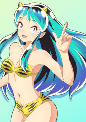 1girl animal_print bikini blush breasts cleavage commentary_request cone_horns green_background green_hair green_theme highres horns long_hair looking_at_viewer lum medium_breasts navel oni open_mouth orange_eyes pointy_ears smile solo strapless strapless_bikini swimsuit tiger_print urusei_yatsura watasi