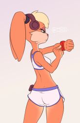 1girl animal ass blonde_hair blue_eyes brown_fur chopchop from_behind furry furry_female grey_background headphones lola_bunny looking_at_watch looney_tunes midriff non-web_source petite rabbit rabbit_ears rabbit_girl rabbit_tail shirt short_hair shorts smartwatch sports_bra tank_top watch white_shirt white_shorts wristwatch