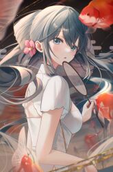 1girl absurdres blue_eyes dress from_side hair_flaps hand_fan head_tilt highres holding holding_fan koi looking_at_viewer myowa open_mouth original white_dress