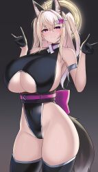 1girl absurdres ahoge animal_ears black_gloves black_leotard black_thighhighs blonde_hair breasts closed_mouth clothing_cutout covered_navel cowboy_shot fox_ears fox_girl fox_tail gloves gradient_background grey_background hair_between_eyes half_gloves halo highres huge_breasts kutan leotard original pink_eyes pinwheel_hair_ornament sideboob smile solo tail thighhighs two_side_up underboob underboob_cutout