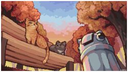 Rule 34 | alt text, animal, animal focus, animated, animated gif, bench, border, cat, commentary, commission, english commentary, green eyes, highres, lesma (pixelesma), lying, no humans, on bench, orange cat, original, outdoors, park, park bench, pixel art, sitting, sky, sunset, tabby cat, tail, trash can, tree, tuxedo cat, white border, wind