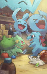 apple bandana berry_(pokemon) blue_skin bulbasaur colored_skin commentary_request fangs food fruit gen_1_pokemon gen_2_pokemon gen_3_pokemon green_skin highres holding holding_ticket indoors nintendo no_humans open_mouth oran_berry pokemon pokemon_(creature) pokemon_mystery_dungeon pokemon_mystery_dungeon:_explorers_of_time/darkness/sky red_eyes sharp_teeth sweat tail teeth ticket totodile v-shaped_eyebrows white_bandana wobbuffet wynaut yamaori_(hakkentai_pokedan)