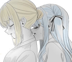 2girls alternate_hairstyle bang_dream! bang_dream!_it&#039;s_mygo!!!!! blonde_hair blue_hair blush ccc_cloudy closed_eyes commentary_request couple embarrassed from_side frown hair_bun hair_ribbon hair_up highres imminent_bite limited_palette long_hair long_sidelocks misumi_uika multiple_girls nape neck one_side_up open_mouth portrait profile ribbon shaded_face shirt sidelocks simple_background single_hair_bun sweatdrop togawa_sakiko u_u updo white_background yuri