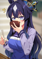1girl animal_ears apron bandaid blue_hair blush bowl breasts chopsticks commentary_request highres horse_ears horse_girl long_hair looking_at_viewer medium_breasts mole mole_under_eye school_uniform solo table textless_version tracen_school_uniform umamusume verxina_(umamusume) yasume_yukito