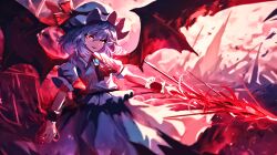 1girl ascot bat_wings black_scrunchie blue_hair blurry blurry_background bow brooch commentary cowboy_shot dress english_commentary fangs hair_between_eyes hat hat_bow holding holding_polearm holding_weapon jewelry looking_at_viewer mob_cap open_mouth orange_eyes polearm puffy_short_sleeves puffy_sleeves red_ascot red_bow remilia_scarlet scrunchie shirt short_hair short_sleeves skirt slit_pupils smile solo touhou weapon white_shirt wings xiirus