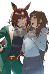 2girls :d asymmetrical_jacket belt black_choker blue_pants blue_shirt borrowed_character breasts brown_eyes brown_hair choker collared_shirt commentary_request commission cowboy_shot ear_ornament earrings eye_contact face-to-face female_trainer_(umamusume) green_jacket green_pants hand_on_another&#039;s_shoulder hand_on_own_hip hands_on_own_chest highres horse_girl jacket jewelry korean_commentary large_breasts leaning_forward long_hair looking_at_another multiple_girls oc_x_canon open_mouth original pants pendant_choker puppy_(godokhan_neukdae) red_belt red_eyes second-party_source shirt simple_background sirius_symboli_(umamusume) small_breasts smile teeth trainer_(umamusume) umamusume upper_teeth_only white_background white_hair yeoljeong_yeongonggye