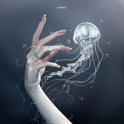 Rule 34 | 1girl, absurdres, animal focus, bubble, fingernails, hand focus, highres, jellyfish, jewelry, long fingernails, n96 (yuragi), original, ornate ring, realistic, ring, solo