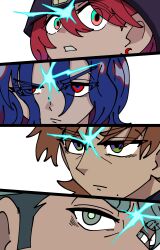 1girl 3boys absurdres amate_yuzuriha aqua_eyes blue_hair brown_hair challia_bull closed_mouth green_eyes grey_eyes grey_hair gundam gundam_gquuuuuux hat highres looking_at_viewer mole mole_under_mouth multicolored_hair multiple_boys newtype_flash ogata_(mm_ogata_rkgk) open_mouth red_eyes red_hair short_hair shuji_ito simple_background thick_eyebrows white_background xavier_olivette zooming_in