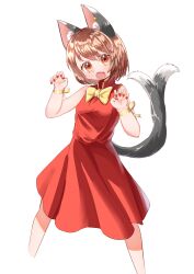 1girl absurdres adapted_costume animal_ear_fluff animal_ear_piercing animal_ears blush bow bowtie breasts brown_eyes brown_hair cat_ears cat_tail chen chenge7338 claw_pose commentary_request cropped_legs dress earrings fang gao gold_trim hands_up highres jewelry legs_apart looking_at_viewer multiple_tails nail_polish nekomata no_headwear open_mouth petite red_dress red_nails ribbon short_hair single_earring sleeveless small_breasts solo standing tail touhou two_tails wrist_ribbon yellow_bow yellow_bowtie