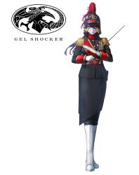 Rule 34 | 1girl, aiguillette, award ribbon, baton (weapon), belt, belt buckle, black hair, black jacket, black pants, black skirt, boots, buckle, commentary, eidenjyou1997, english commentary, epaulettes, eyeliner, eyeshadow, fringe trim, genderswap, genderswap (mtf), general black, gloves, helmet, highres, holding, holding baton, jacket, kamen rider, kamen rider (1st series), knee boots, lipstick, logo, long hair, makeup, military jacket, military uniform, multicolored gloves, pants, pants under skirt, plume, purple eyeshadow, purple lips, red gloves, red sash, sash, serious, simple background, skirt, solo, weapon, white background, white belt, white boots, white gloves, yellow eyes