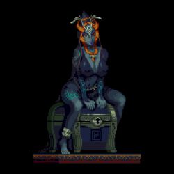 1girl anklet barefoot black_background breasts cleavage colored_sclera colored_skin covered_erect_nipples eyeshadow head_tilt jewelry large_breasts looking_at_viewer makeup midna midna_(true) mykar navel nintendo orange_eyes orange_hair paid_reward_available pixel_art purple_eyeshadow purple_lips simple_background sitting solo the_legend_of_zelda the_legend_of_zelda:_twilight_princess treasure_chest yellow_sclera