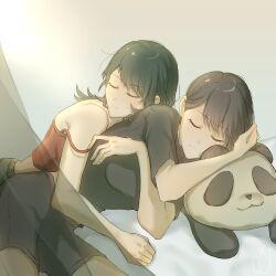 2girls bang_dream! bang_dream!_it&#039;s_mygo!!!!! black_hair black_shirt black_shorts brown_hair camisole closed_eyes closed_mouth commentary cuddling hashtag-only_commentary highres hug hug_from_behind kuojill0110 long_hair multiple_girls red_camisole shiina_taki shirt short_sleeves shorts strap_slip stuffed_animal stuffed_panda stuffed_toy yahata_umiri yuri