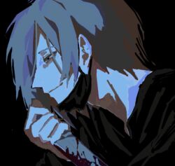 Rule 34 | 1boy, black background, black eyes, black mask, black shirt, blood, bloody knife, chino (sky tanosi), grey hair, hand up, holding, holding knife, knife, looking to the side, male focus, mask, mouth mask, original, portrait, shirt, short hair, simple background, solo, surgical mask