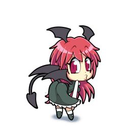 1girl animated animated_gif ass ass_shake bad_google+_id bad_id breasts chibi dancing daniel_renard demon_girl demon_tail dress dress_shirt female_focus from_behind head_wings koakuma long_hair looking_at_viewer looking_back looping_animation lowres medium_breasts necktie o3o red_eyes red_hair shirt simple_background skirt skirt_set solo tail toon_(style) touhou vest white_background wings