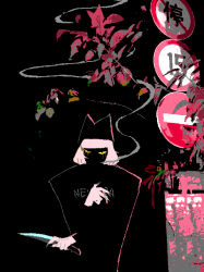 1boy animal_hat black_background black_eyes cat_hat cigarette colored_sclera fingernails hat heizuo955 holding holding_cigarette holding_knife knife looking_at_viewer male_focus no_entry_sign nyen_(randal&#039;s_friends) outdoors pink_hair pink_theme plant randal&#039;s_friends road_sign sharp_fingernails short_hair sign smoke smoke_trail smoking solo upper_body yellow_sclera