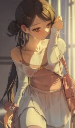Rule 34 | 1girl, absurdres, bag, ballerina, ballet dress, ballet slippers, bangsom, black hair, blush, breasts, brown eyes, collarbone, hand up, highres, knee up, leotard, light particles, long hair, looking to the side, medium breasts, mole, mole under eye, original, pantyhose, pink leotard, shoulder bag, skirt, solo, sweat, white pantyhose, white skirt