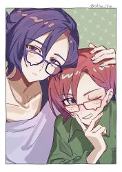 1boy 1girl amate_yuzuriha aqua_eyes blue_hair blush ch1wa_l0ve collared_shirt colored_inner_hair green_background gundam gundam_gquuuuuux highres looking_at_viewer multicolored_hair open_mouth purple_hair red_eyes red_hair shirt short_hair shuji_ito smile teardrop-framed_glasses two-tone_hair upper_body v v_over_mouth white_shirt
