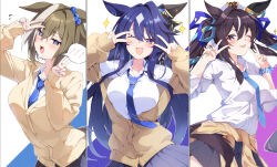 3girls @_@ absurdres alternate_costume animal_ears beret blue_hair blush breasts brown_hair cheval_grand_(umamusume) collarbone commentary_request double_v earrings embarrassed fingernails hair_between_eyes hair_ornament hat highres horse_ears horse_girl horse_tail jewelry long_hair medium_breasts mole mole_under_eye multiple_girls necktie one_eye_closed open_mouth pandoa_(mikage0495) purple_eyes siblings single_earring sisters tail tongue tongue_out twintails umamusume v v_sisters verxina_(umamusume) vivlos_(umamusume)