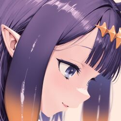 1girl absurdres blue_eyes close-up gradient_hair hairband highres hololive hololive_english multicolored_hair ninomae_ina&#039;nis open_mouth orange_hair orange_hairband pointy_ears purple_hair solo takokatsu tentacle_hair virtual_youtuber