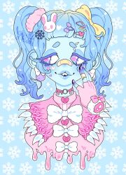Rule 34 | 1girl, bandaid, bandaid on face, bandaid on hand, bandaid on nose, blue background, blue eyes, blue hair, blue skin, blush, bow, buttons, choker, collar, colored skin, cropped shoulders, dripping, earrings, eyebrow piercing, face piercing, fingerless gloves, frostbite, ghoulkiss, gloves, hair bow, hair ornament, heart, heart-shaped pupils, heart button, heart hair ornament, highres, jewelry, liquid, monster girl, open mouth, original, pastel colors, patterned background, piercing, pink bow, pink choker, pink collar, pink gloves, pink pupils, pink scrunchie, portrait, purple eyes, purple nails, rabbit hair ornament, scrunchie, severed hand, smile, snowflake hair ornament, snowflake print, solo, sparkle, symbol-shaped pupils, teeth, twintails, white bow, yellow bow