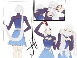 1girl blue_dress blue_eyes buzz_cut cutting_hair cutting_own_hair dress grey_eyes highres j.h.oppenheimer long_hair rwby scissors short_hair simple_background smelling smelling_hair solo standing very_long_hair very_short_hair weiss_schnee white_hair