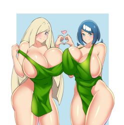 2girls apron breasts huge_breasts lana&#039;s_mother_(pokemon) lusamine_(pokemon) mangakay84 mature_female multiple_girls naked_apron nintendo pokemon pokemon_sm