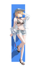 1girl absurdres arm_behind_head arm_up bang_dream! bang_dream!_it&#039;s_mygo!!!!! bare_legs baseball_cap bikini bikini_under_shorts black_bikini black_choker blonde_hair breasts choker commentary denim denim_shorts earrings front-tie_bikini_top front-tie_top full_body grey_hat hair_between_eyes hat highleg highleg_bikini highres jacket jacket_partially_removed jewelry looking_ahead medium_breasts misumi_uika navel open_clothes open_shorts ponytail sandals shadow short_ponytail short_shorts shorts solo stomach stud_earrings sukaliya swimsuit toes white_jacket