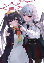 2girls absurdres apron bandana black_hair black_necktie black_pantyhose blue_archive blush breasts cheek_poking coat coat_on_shoulders commentary_request fuuka_(blue_archive) grin halo haruna_(blue_archive) highres horns korean_commentary large_breasts multiple_girls necktie okokorika open_mouth pantyhose pointy_ears poking red_eyes simple_background skirt smile sweatdrop twintails white_background wings