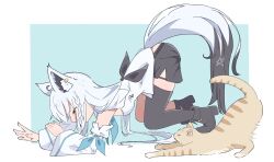 Rule 34 | 1girl, absurdres, ahoge, all fours, animal ear piercing, animal ears, aqua background, asymmetrical legwear, black boots, black shorts, black thighhighs, boots, border, braid, breasts, brown thighhighs, cat stretch, closed eyes, denshihuton, detached sleeves, fox ears, fox girl, fox tail, from side, full body, highres, hololive, hood, hood down, hoodie, long hair, mismatched legwear, orange cat, shirakami fubuki, shorts, sidelocks, simple background, small breasts, solo, stretching, tail, thighhighs, very long hair, virtual youtuber, white border, white hair, white hoodie, white sleeves