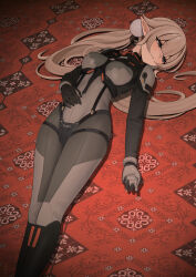 Rule 34 | 1girl, absurdres, blonde hair, breasts, grey eyes, highres, kiriyaukiyoe, long hair, looking to the side, low twintails, lying, mecha pilot suit, military uniform, on back, original, pointy ears, skin tight, small breasts, solo, soviet, twintails, very long hair